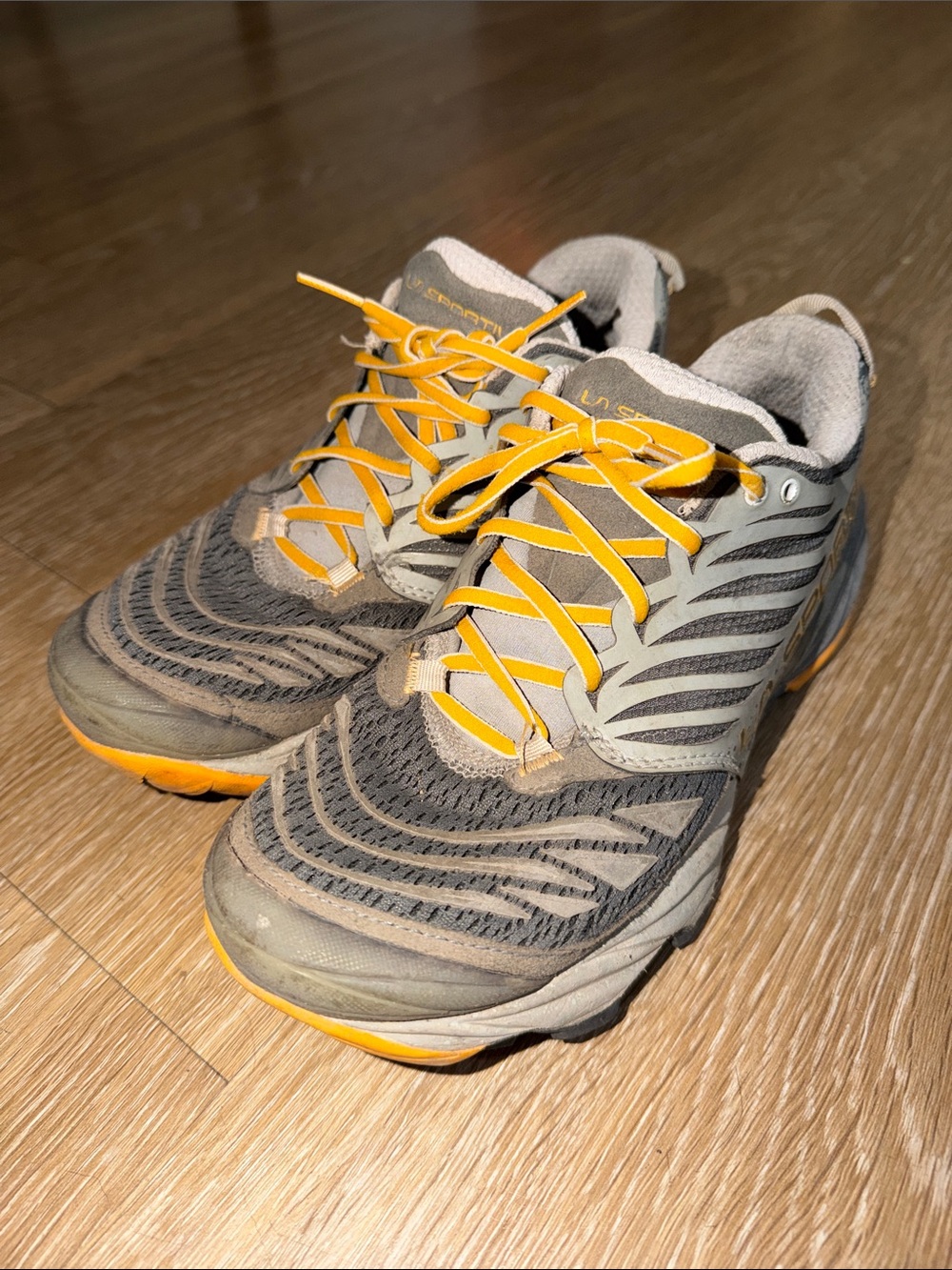 La Sportiva gray and yellow Akasha trail sneakers